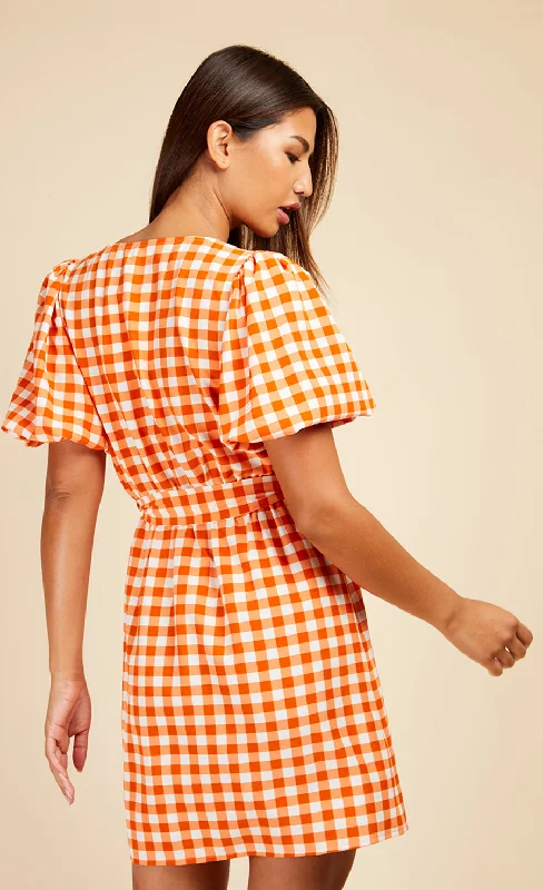 Orange Gingham Puff Sleeve Mini Wrap Dress