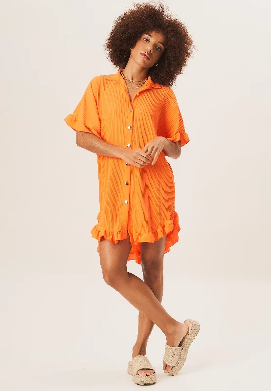 Orange Plisse Ruffle Detail Mini Shirt Dress