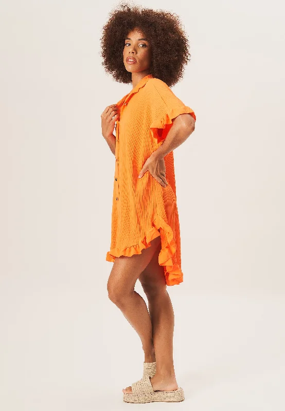 Orange Plisse Ruffle Detail Mini Shirt Dress