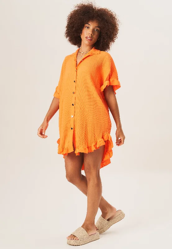 Orange Plisse Ruffle Detail Mini Shirt Dress