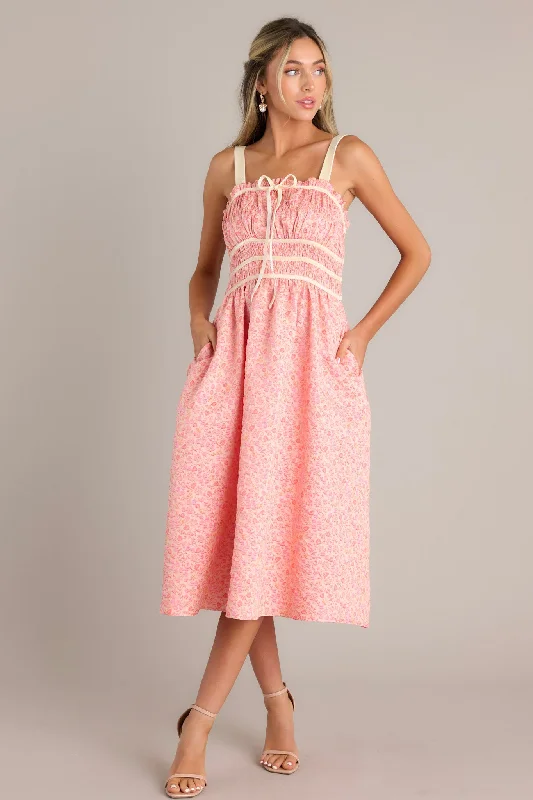 Petal Waltz Pink Coral Floral Jacquard Midi Dress