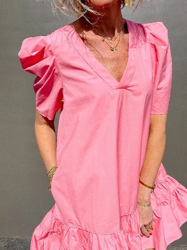 Pink Vneck Poplin Puff Sleeve Dress