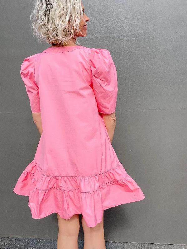 Pink Vneck Poplin Puff Sleeve Dress