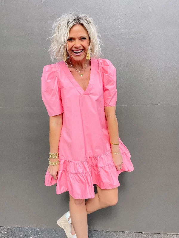 Pink Vneck Poplin Puff Sleeve Dress