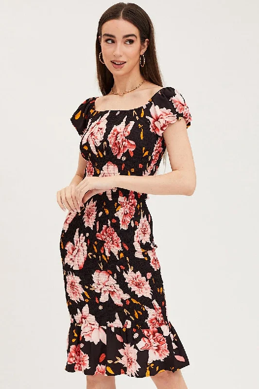 Print Shirred Midi Dress