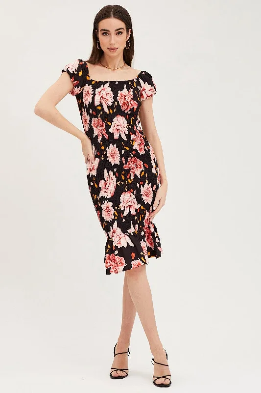 Print Shirred Midi Dress