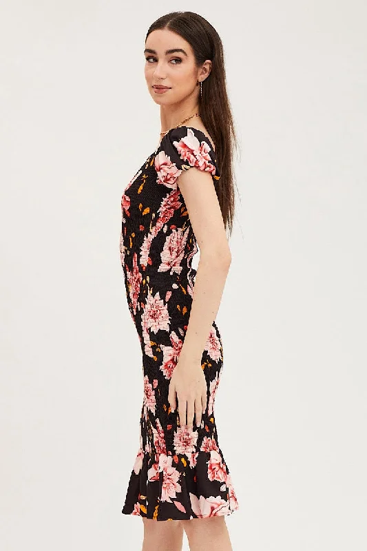 Print Shirred Midi Dress