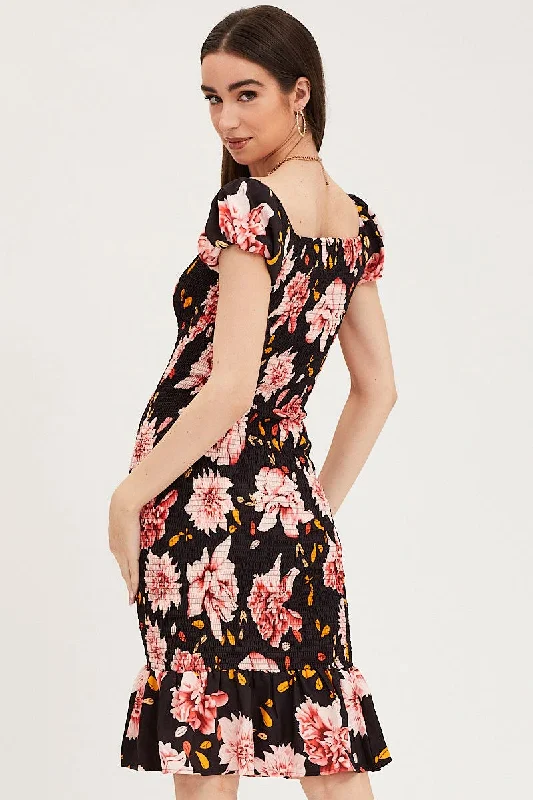 Print Shirred Midi Dress