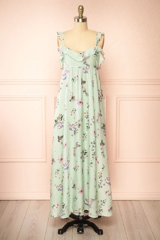 Queenie Green | Floral Maxi Dress w/ Ruffled Straps