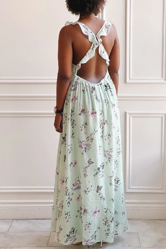 Queenie Green | Floral Maxi Dress w/ Ruffled Straps