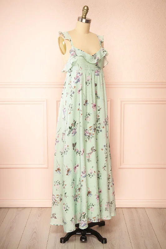 Queenie Green | Floral Maxi Dress w/ Ruffled Straps