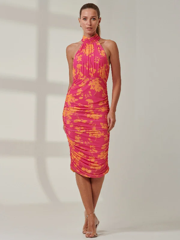 Sample Sale - Floral Halter Neck Midi Dress, Pink Floral