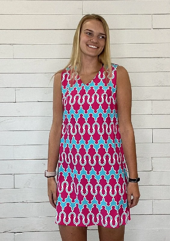 Sleeveless teal and pink shift dress