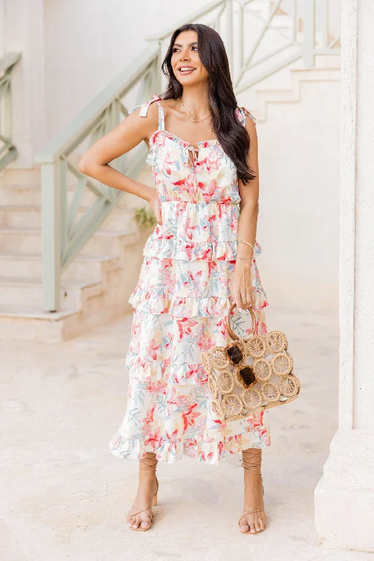 Stay In Paradise Floral Tiered Satin Midi Dress FINAL SALE