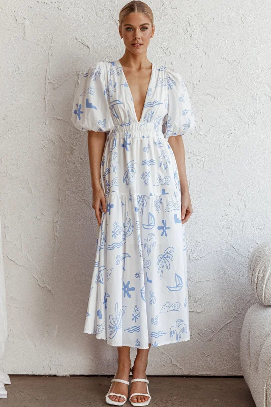 Summer Land V-Neckline Midi Dress Printed White