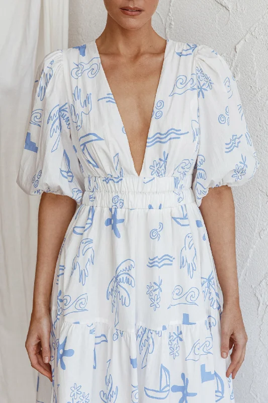 Summer Land V-Neckline Midi Dress Printed White