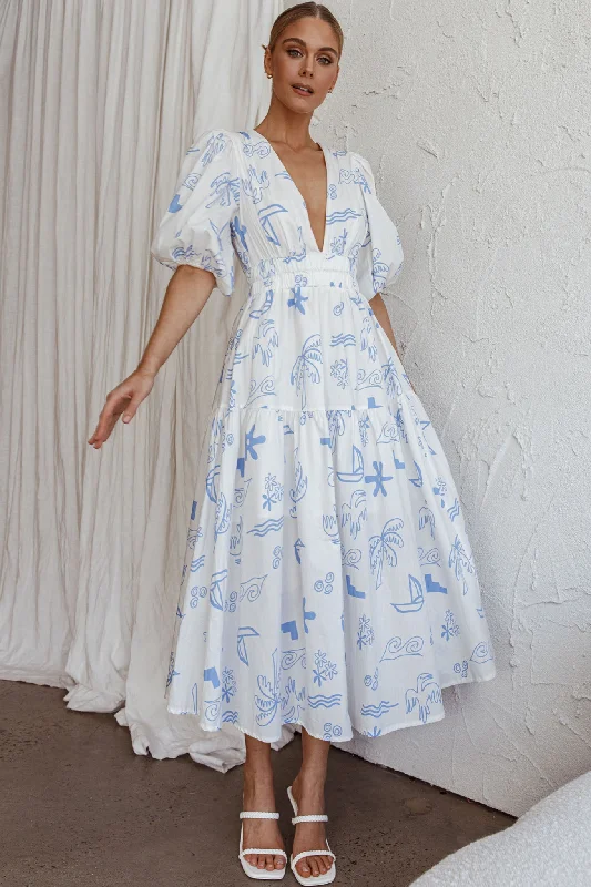 Summer Land V-Neckline Midi Dress Printed White