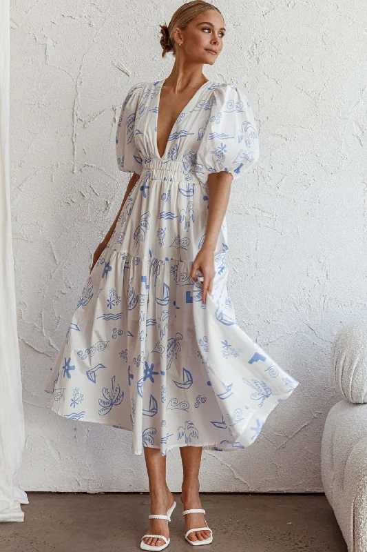 Summer Land V-Neckline Midi Dress Printed White