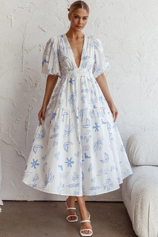 Summer Land V-Neckline Midi Dress Printed White