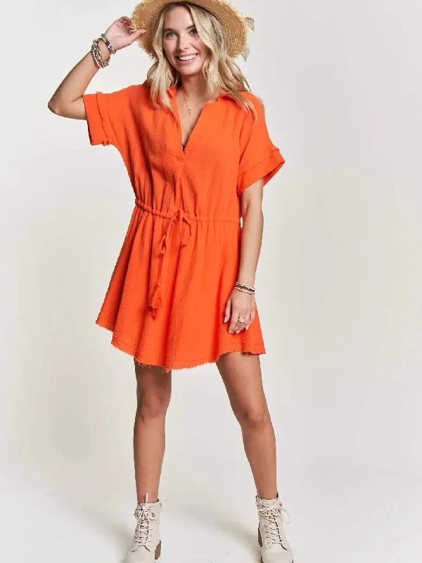 Waist Drawstring Dress with Raw Hem