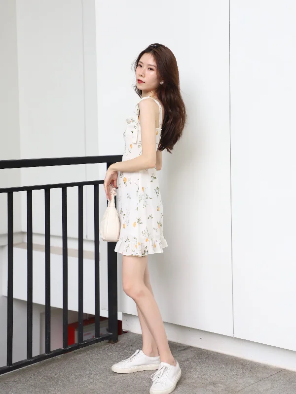 White Lemon Tie Shoulder Floral Mini Dress