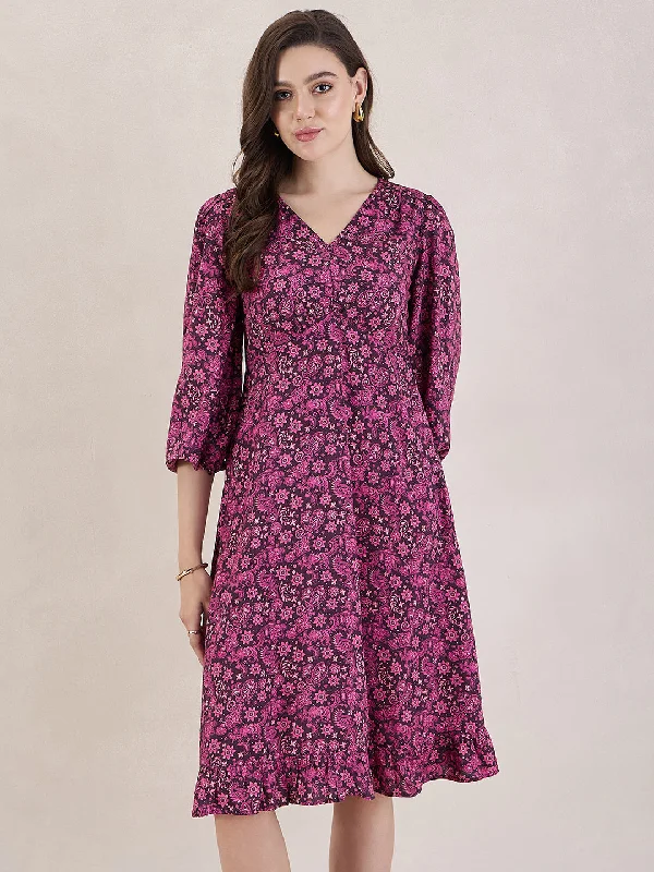 Wine Paisley Print V Neck Midi Dress