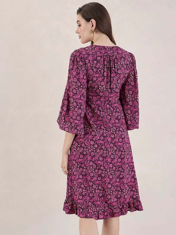 Wine Paisley Print V Neck Midi Dress