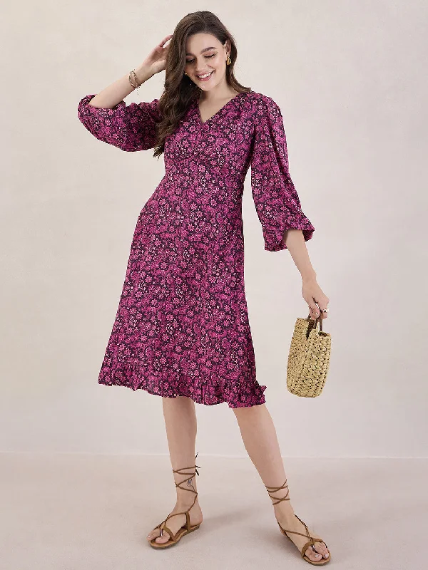 Wine Paisley Print V Neck Midi Dress