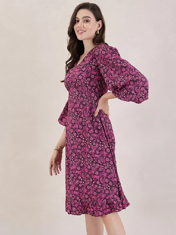 Wine Paisley Print V Neck Midi Dress