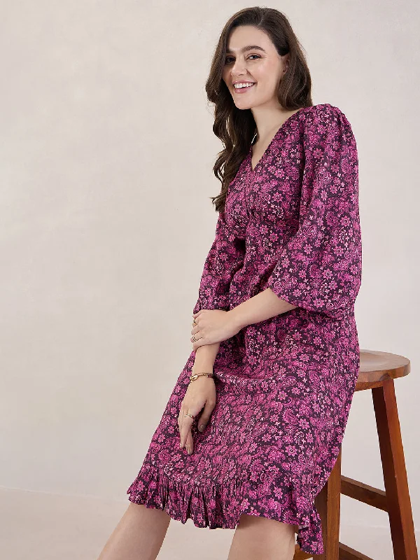 Wine Paisley Print V Neck Midi Dress