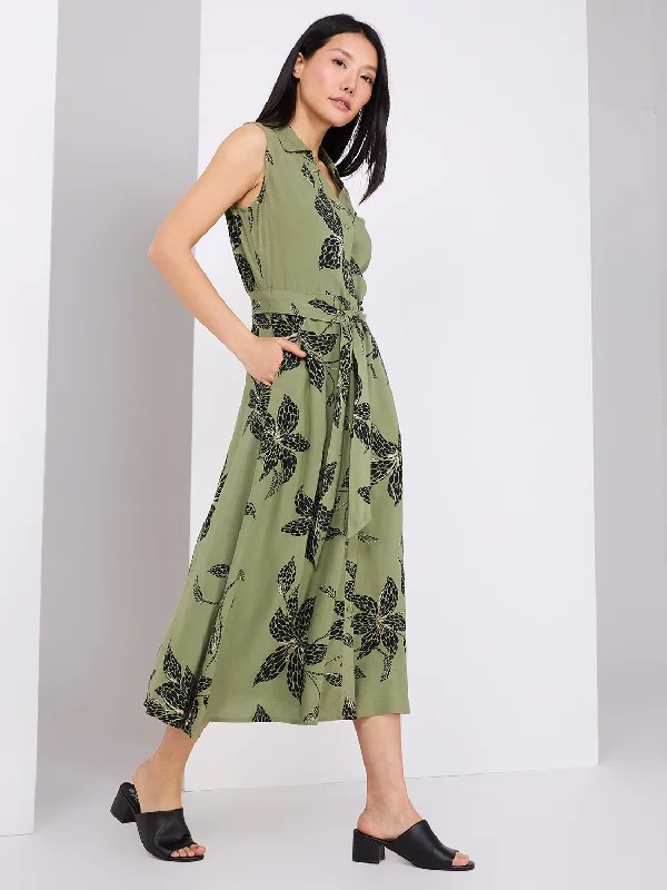 Sleeveless Leaf Print Button-Front Midi Dress