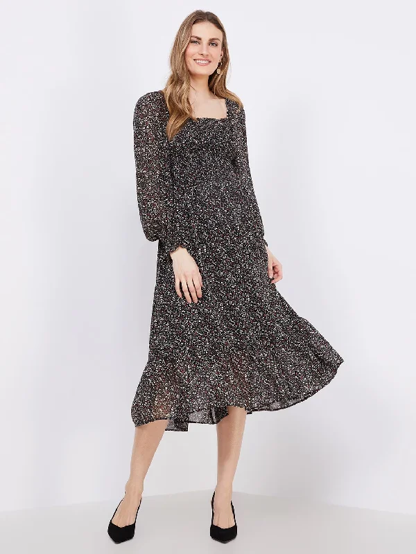 Printed Smocked Square Neck Chiffon Dress