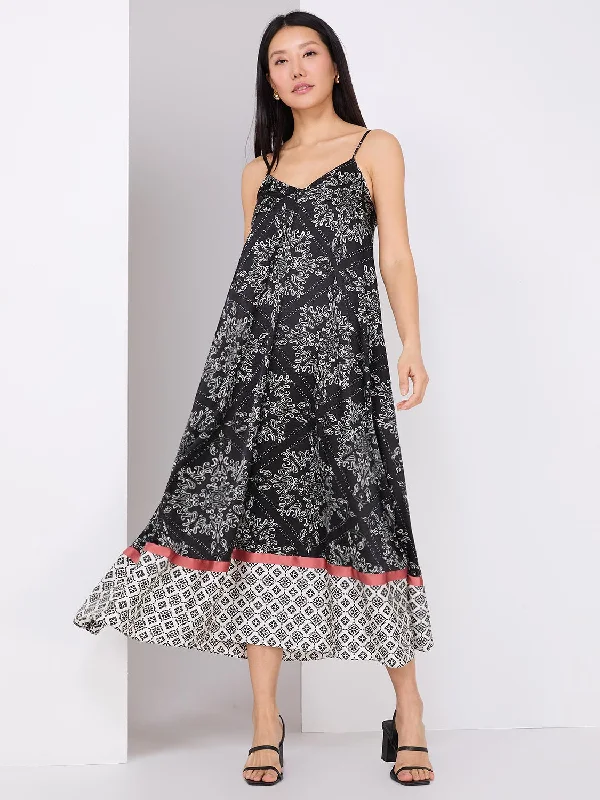 V-Neck Border Print Satin Maxi Dress