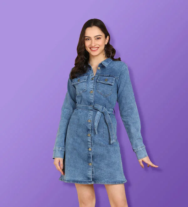 Denim Blue Solid Mini Shirt Dress for Women