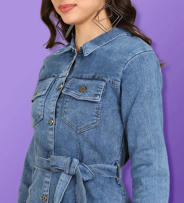 Denim Blue Solid Mini Shirt Dress for Women