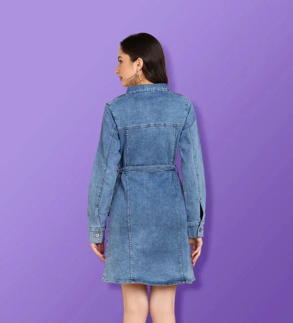 Denim Blue Solid Mini Shirt Dress for Women