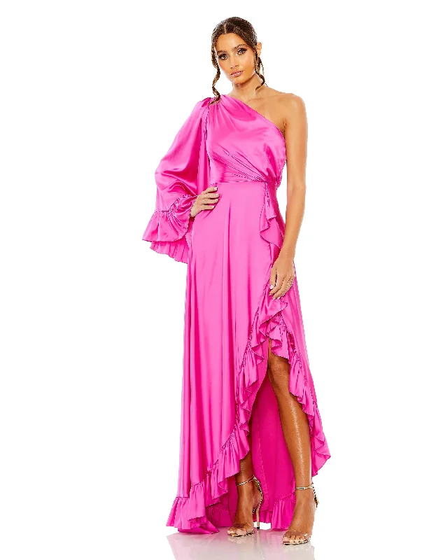 Long One Sleeve Asymmetrical Ruffle Hem Gown