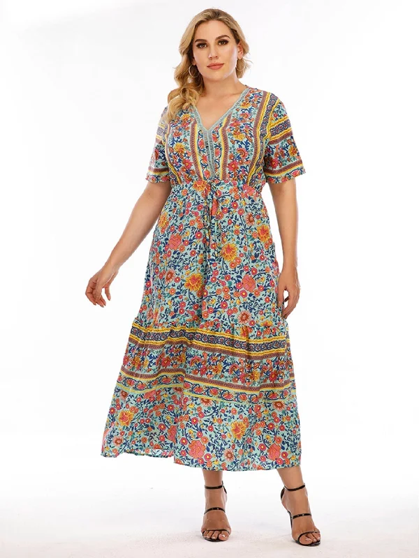 KittenAlarm - Plus Size Boho Print High Waist Dress