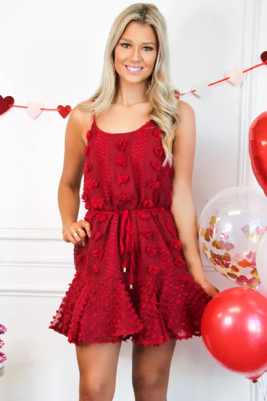 Adelynn Floral Applique Dress: Burgundy