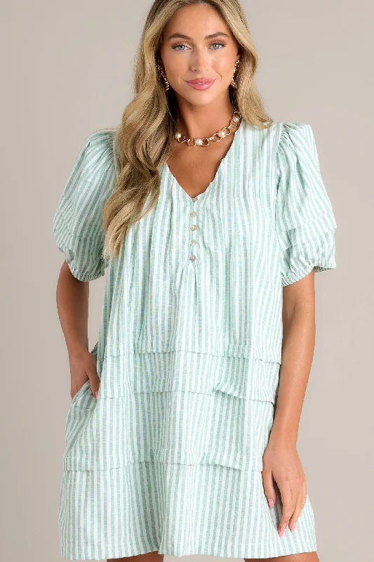 Adore You Mint Green Stripe Puff Sleeve Mini Dress