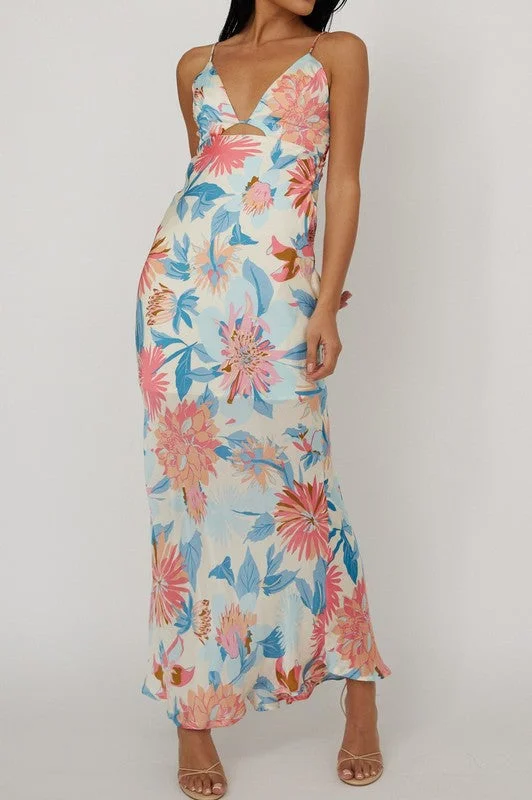 Angie Sleeveless Cut Out Floral Print Maxi Dress Blue