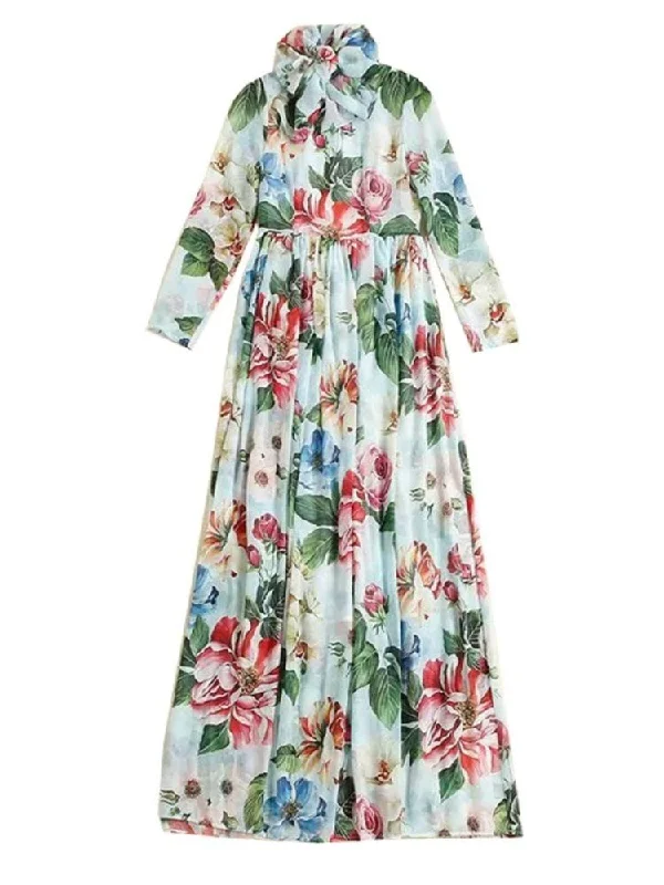 Ava Bow Tie Long Sleeve Floral Gown Dress - Sky Blue Floral