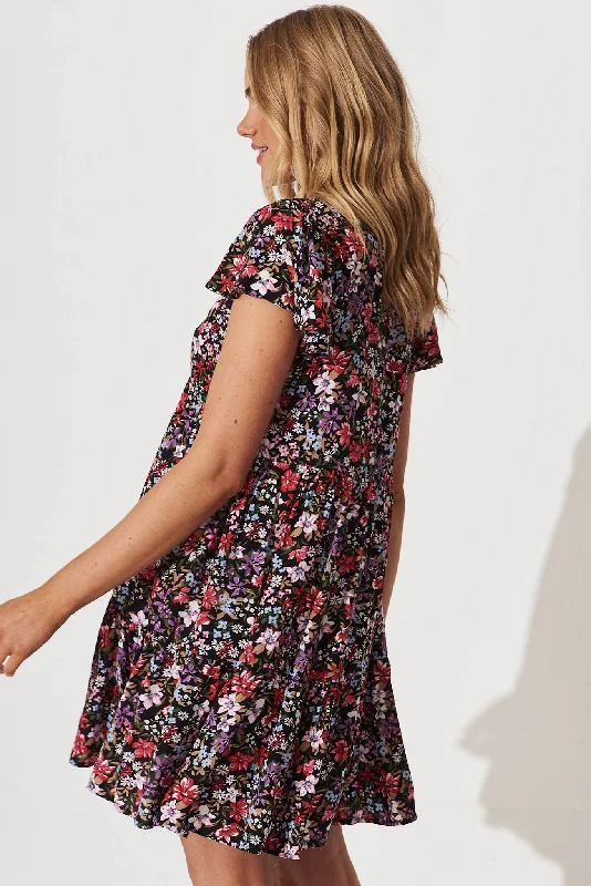 Azalia Smock Dress In Black Multi Floral