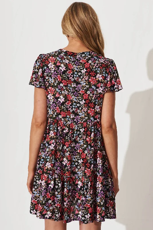 Azalia Smock Dress In Black Multi Floral