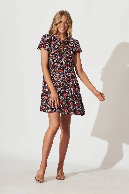 Azalia Smock Dress In Black Multi Floral