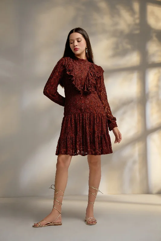 Brown Lace full sleeves Structured Mini Dress