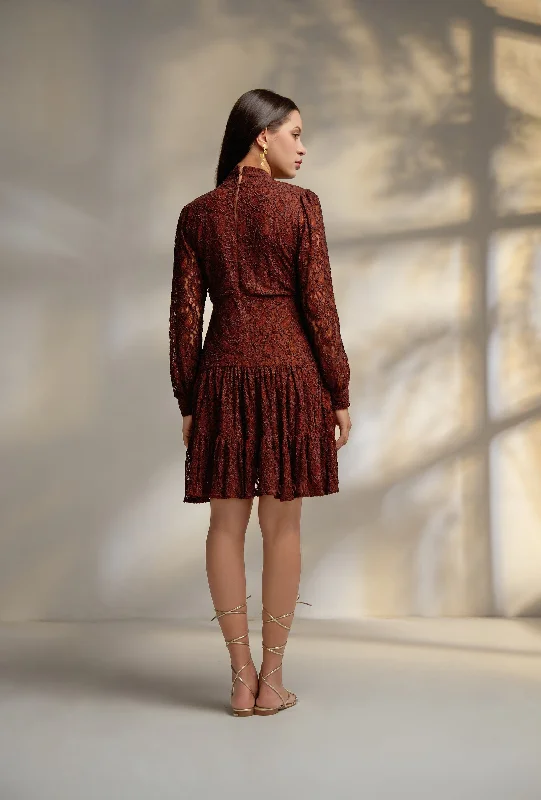 Brown Lace full sleeves Structured Mini Dress