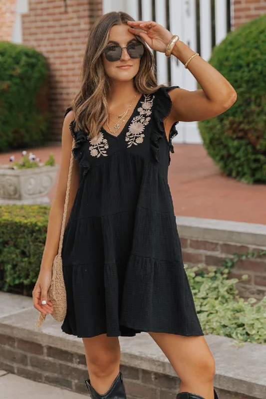 Black Embroidered Tiered Mini Dress