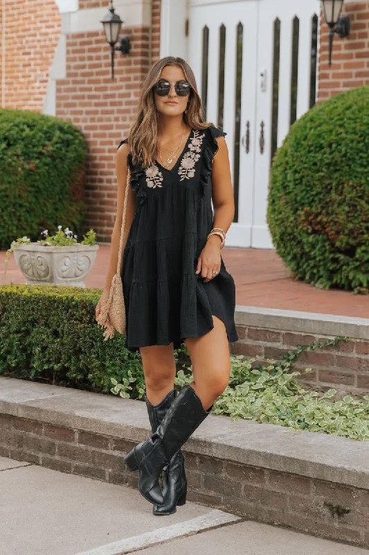 Black Embroidered Tiered Mini Dress