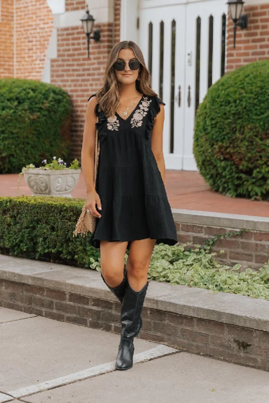 Black Embroidered Tiered Mini Dress